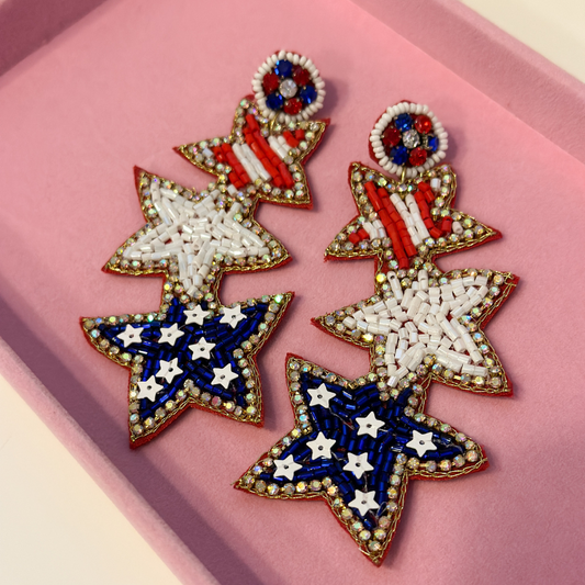 Red Blue White Beaded Star Drop Earrings